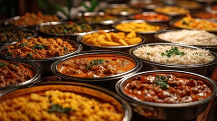 Buffet table displays various Indian dishes. Bowls filled with curries rice and vegetables. Indian cuisine spread. Food display for restaurant or banquet. Appetising meal presentation.