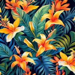 Tropical Flowers and Leaves on Dark Background