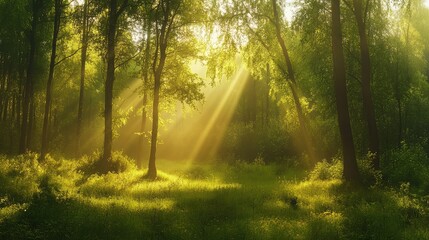 Panoramic view of a forest in spring with sun rays.