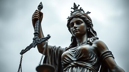 Low-angle shot of Lady Justice holding scales, symbolizing law and balance against a soft sky backdrop with ample space for text