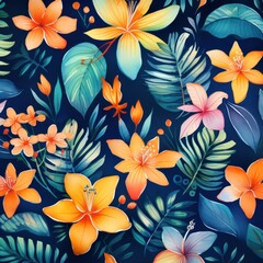 Tropical Flowers and Leaves on Dark Background