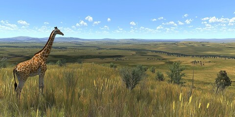 Obraz premium Giraffe in African Savanna Landscape Wildlife Nature Grassland Safari Animals