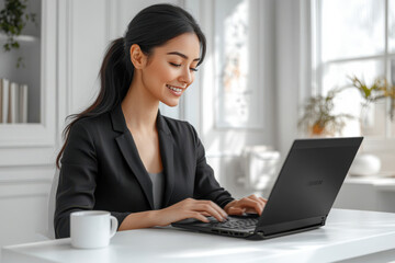 woman in her late thirties, wearing business attire and smiling as she types on an open laptop