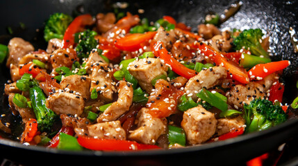 Colorful teriyaki tofu stir fry with vegetables in pan