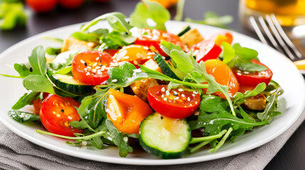 Fresh and colorful salad with tomatoes, cucumbers, and arugula