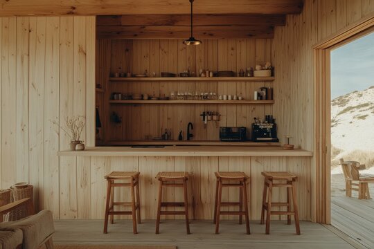 Wooden Kitchenette with Built In Shelves and Stools