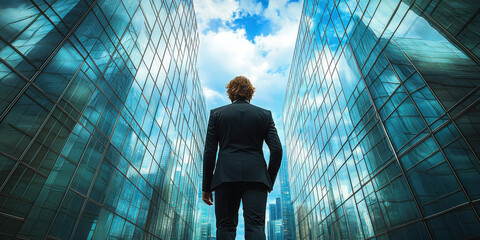 Obraz premium executive in a black suit walking towards glass buildings with a blue sky and clouds in the background