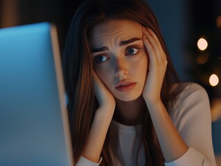 Young woman feeling overwhelmed while working late at night, illuminated by laptop screen light