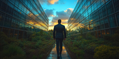Obraz premium executive in a black suit walking towards glass buildings with a blue sky and clouds in the background