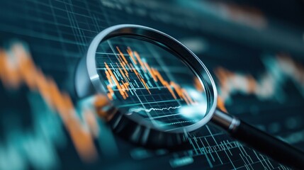 Magnifying glass focuses on stock market chart details. Analyzing market trends. Financial data analysis. Business strategy. Investment opportunities. Future market predictions.