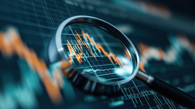 Magnifying glass focuses on stock market chart details. Analyzing market trends. Financial data analysis. Business strategy. Investment opportunities. Future market predictions.