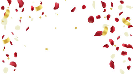 Red rose petals and golden confetti on white background. Vector illustration