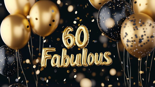 Gold and black balloons and confetti celebrate a 60th birthday. Stylish balloons spell out 60 Fabulous. Party decorations create a festive atmosphere. Birthday celebration.
