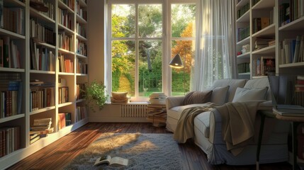 A small home library with white wooden bookshelves, a comfortable loveseat