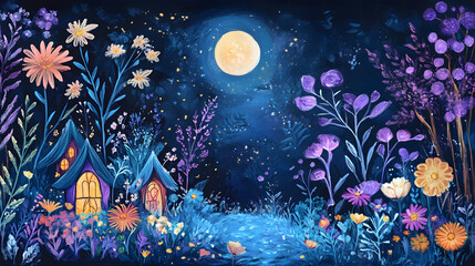 Fototapeta premium Enchanted Moonlit Fairy Garden at Night