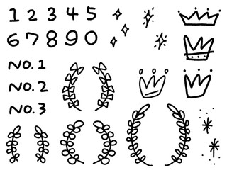 落書き風の数字や王冠のアイコンセット　月桂樹　キラキラ