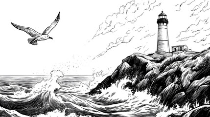 Fototapeta premium Dramatic Cliffside Lighthouse in Windy Conditions