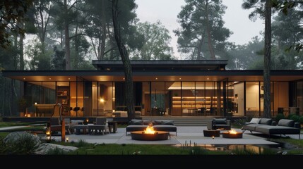 A stylish modern villa at dusk, with interior lights shining through geometric windows. The patio boasts a fire pit and modern lounge furniture