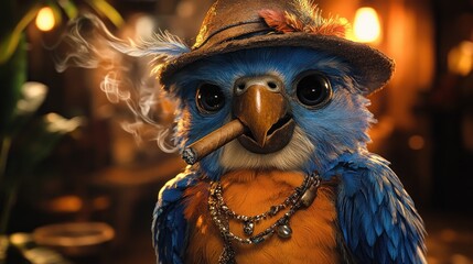 A stylish blue parrot wearing a hat and holding a cigar in a dimly lit room.