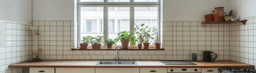 Fototapeta premium Kitchen Window Plants and Rustic Sink Area