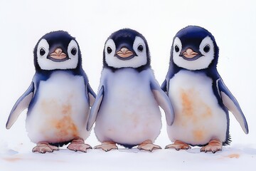 Fototapeta premium Three cute baby penguins stand in row against white background. Watercolor illustration style. Adorable, friendly. Perfect for children books, educational materials, project focused on animals