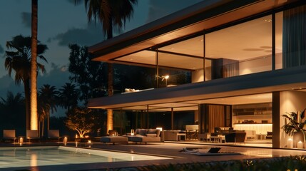 A stylish villa at night with a large glass facade, modern outdoor seating on the patio