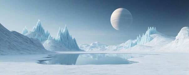 Surreal landscape with ice mountains, frozen lake. Distant gas giant hovers above icy plateau. Stunning alien planet scenery. Ice peaks reflect in calm water. Nature fantasy. Cosmic landscape.