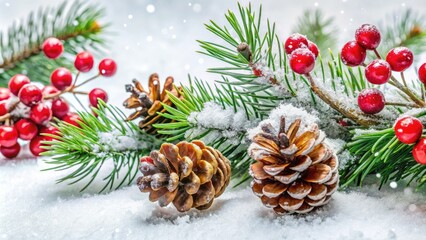 Snowy Christmas tree branches, dusted cones, and vibrant berries create a magical winter wonderland.