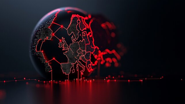 Fractured digital globe with red glowing lines.