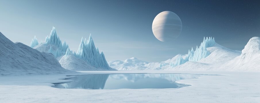 Surreal landscape with ice mountains, frozen lake. Distant gas giant hovers above icy plateau. Stunning alien planet scenery. Ice peaks reflect in calm water. Nature fantasy. Cosmic landscape.