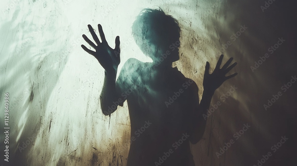 Poster a figure's shadow stretches against a textured wall, hands reaching out with a sense of yearning. th