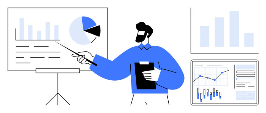 Business person pointing at charts on a flipboard with a pointer while holding a clipboard. Surrounding area features various graphical data representations. Ideal for business strategies, marketing