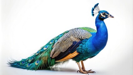 Fototapeta premium Soaring blue peafowl, a majestic aerial view against a pristine white backdrop.