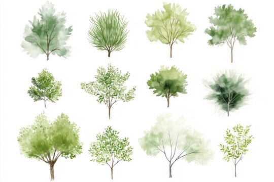 Set of watercolor illustrations showing different treetops. Green trees isolated on white background. Suitable for landscape planning, architecture layout. Various tree shapes, sizes visible.