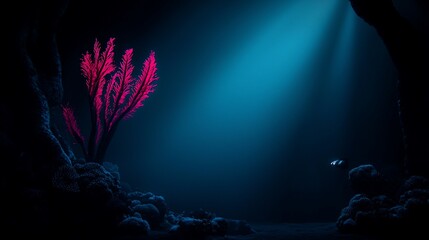 Fototapeta premium Glowing pink coral in dark underwater cave.
