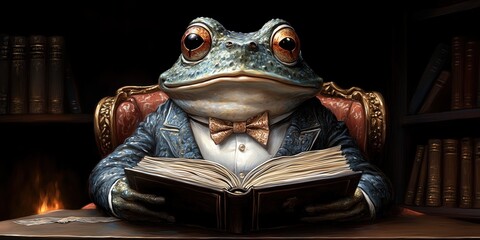 Scholarly Amphibian: A Regal Frog Immersed in Literary Pursuit within a Luxurious Library Setting