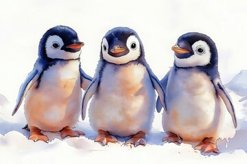 Fototapeta premium Cute baby penguins stand together on snow. Watercolor illustration. Friendly, adorable. Three little penguins in group. Look happy, playful. Perfect for kids products nature lovers. Lovely