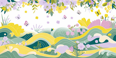 Whimsical Floral Wave Landscape Springtime Nature Illustration