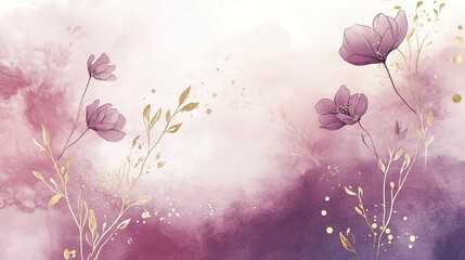 Delicate mauve flowers with gold accents on a watercolor background.