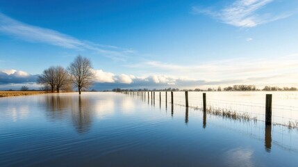 Fototapeta premium Serene Landscape with Flooded Fields and Calm Blue Sky