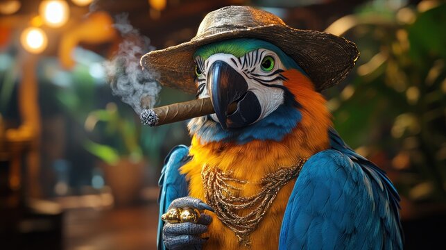 A stylish macaw parrot in a hat, smoking a cigar and wearing gold jewelry.