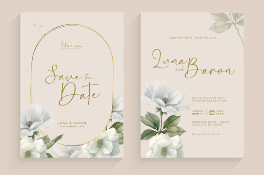 Aesthetic Wedding Invitation Template with Vintage White Flower Watercolor Arrangement