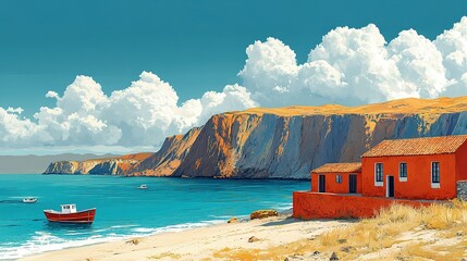 Coastal House With Boats Under Sunny Skies