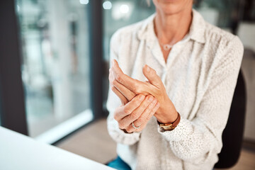 Hands, injury and woman for wrist pain in office, orthopedic accident and risk of osteoarthritis....