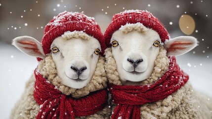 Two sheep wearing warm red knitted hats, scarves in snowy winter scene. Adorable animals look directly at viewer. Snowy winter background softly blurred. Festive, charming image perfect for Christmas