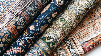 A detailed top-view image of artisanal textile patterns on a white background.--ar 16:9
