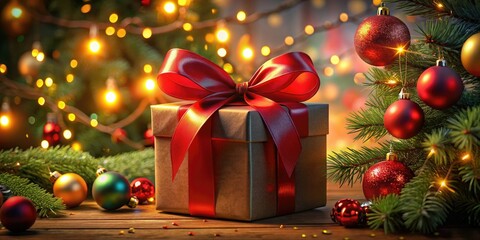 Sparkling Christmas tree, a vibrant red bow adorns a beautifully wrapped gift.