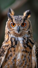 Obraz premium A close-up portrait of an eagle owl, showcasing its sharp beak, bright orange eyes, and intricate feather details in a forest environment.