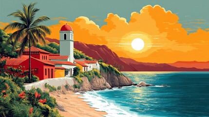 Coastal Village Sunset Scenic Ocean View