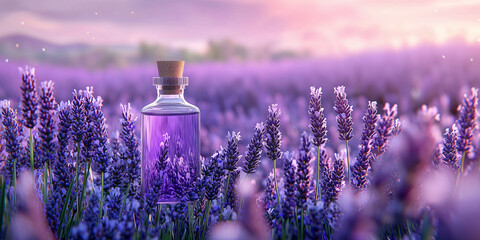 Panoramic banner of lavender with essential oil. Panoramic banner or header of fresh purple lavender with flacons of essential oil for aromatherapy, alternate medicine and perfumery 